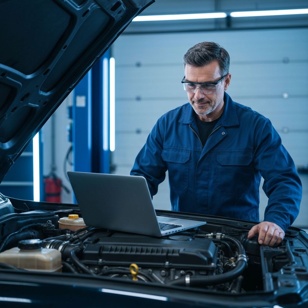 Professioneller KFZ-Mechaniker bei der Arbeit